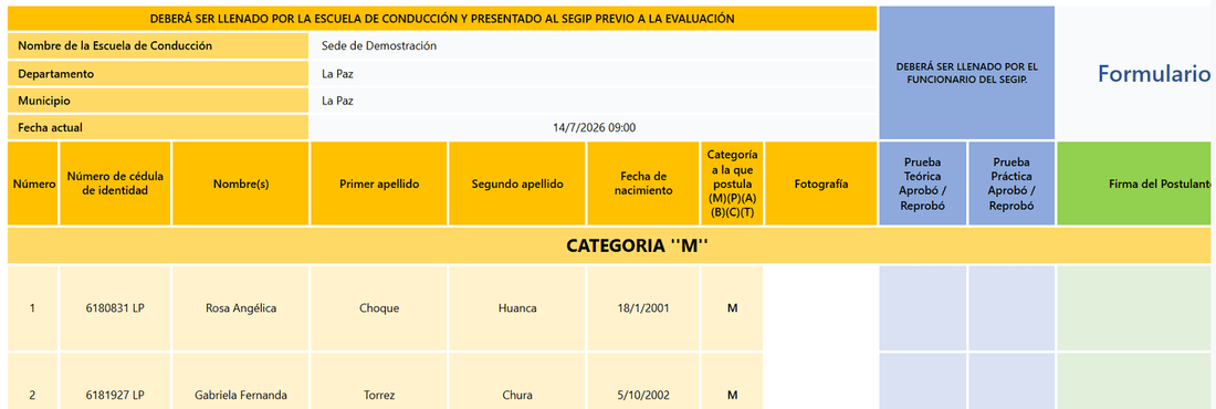 Lista de postulantes presentada al SEGIP, generada por el sistema